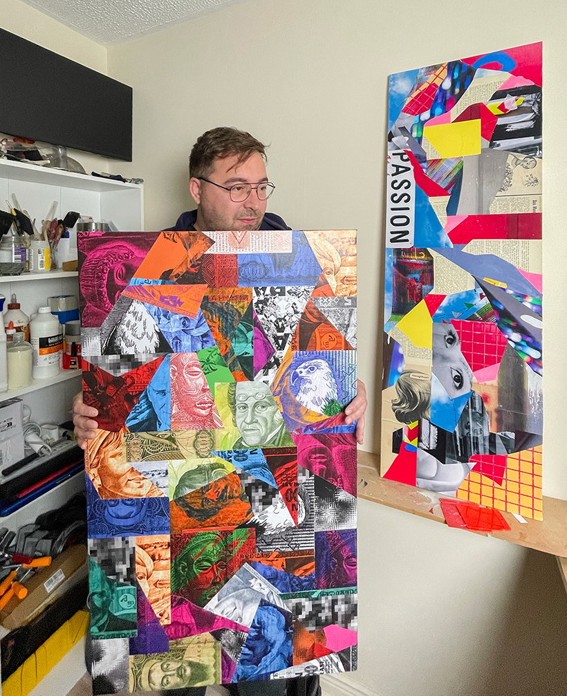 Don Samec in studio with mixed media artwork