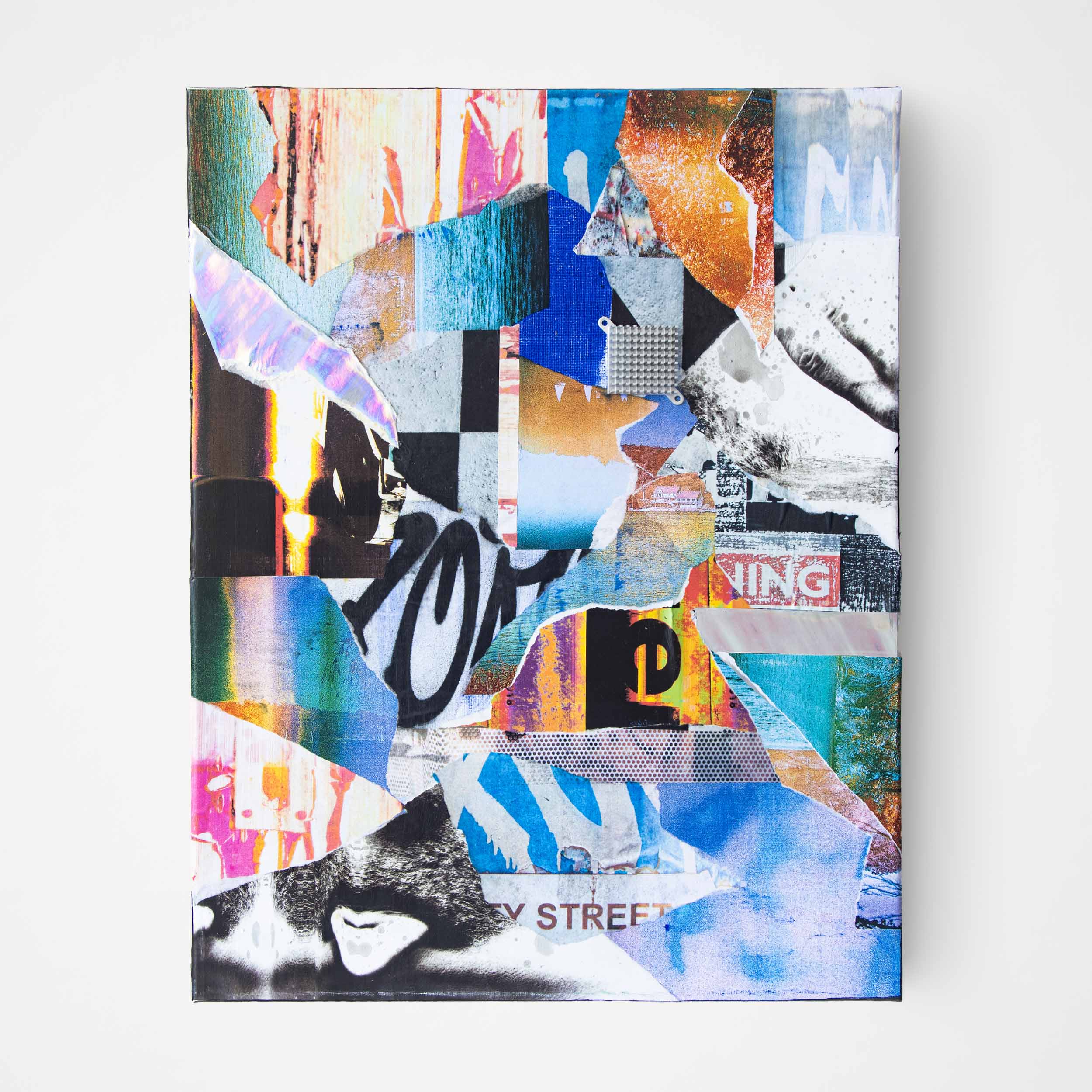 Contemporary art collage made with cut-and-paste paper techniques, featuring recycled materials, street photography, and symbolic textures.