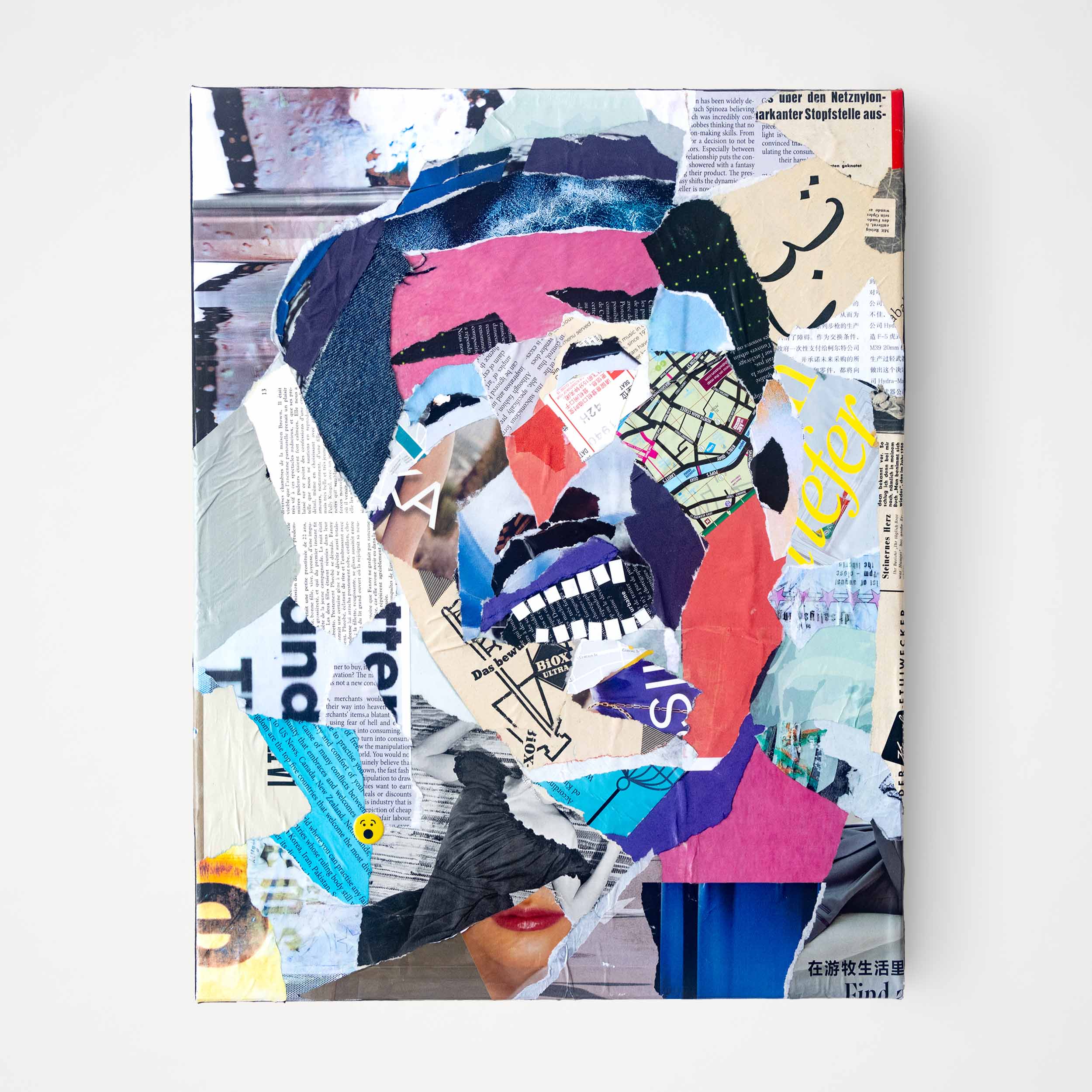 Contemporary art collage made with cut-and-paste paper techniques, featuring recycled materials, street photography, and symbolic textures.