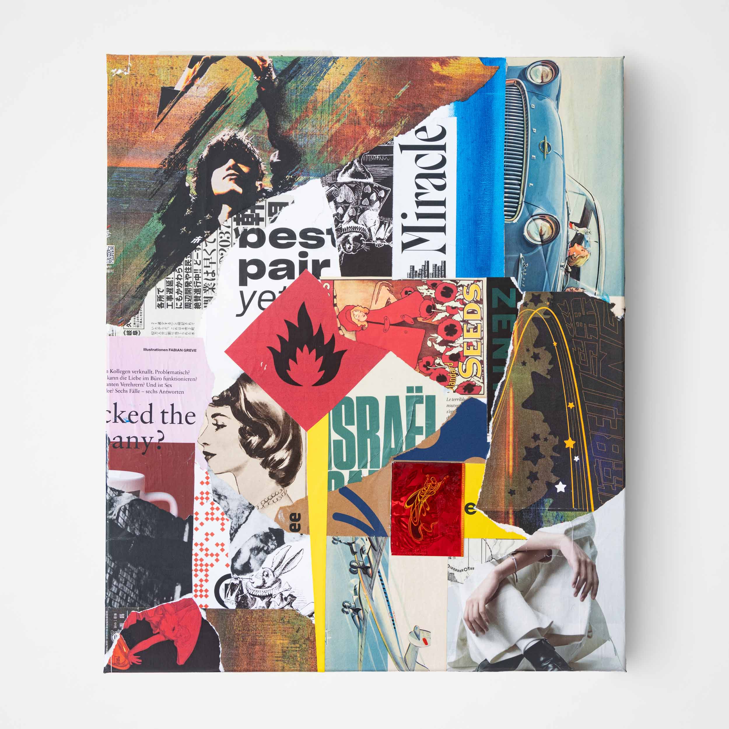 Contemporary art collage made with cut-and-paste paper techniques, featuring recycled materials, street photography, and symbolic textures.