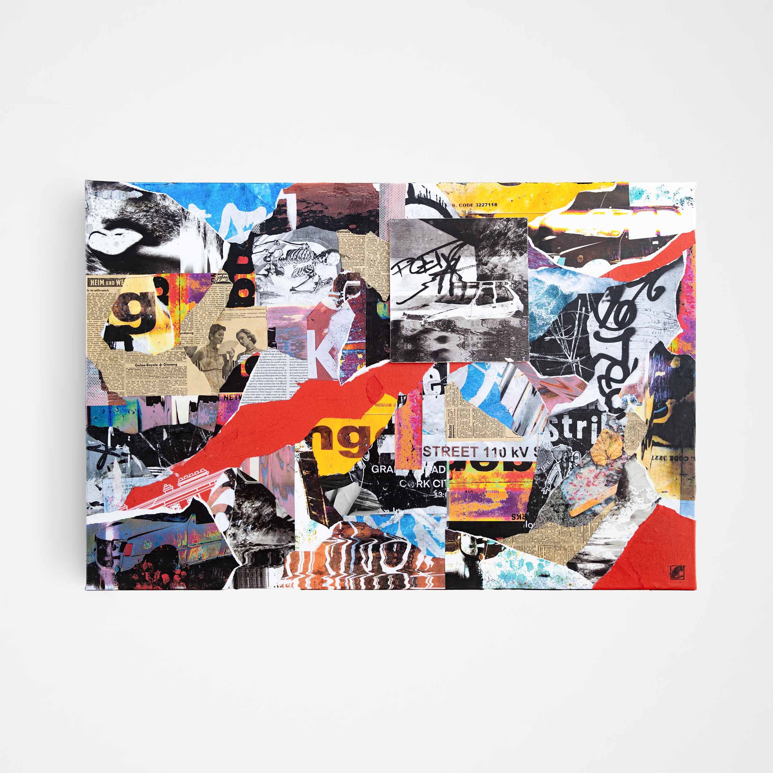 Contemporary art collage made with cut-and-paste paper techniques, featuring recycled materials, street photography, and symbolic textures.