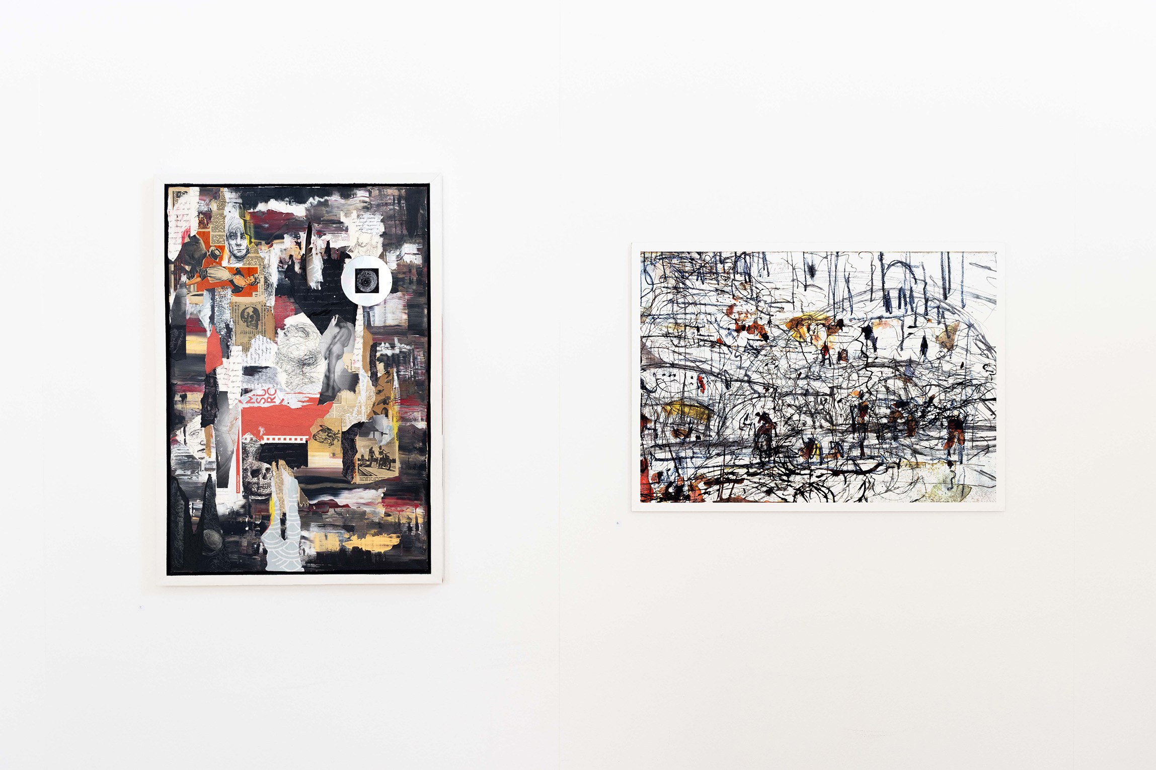 Two abstract mixed-media collages in white frames