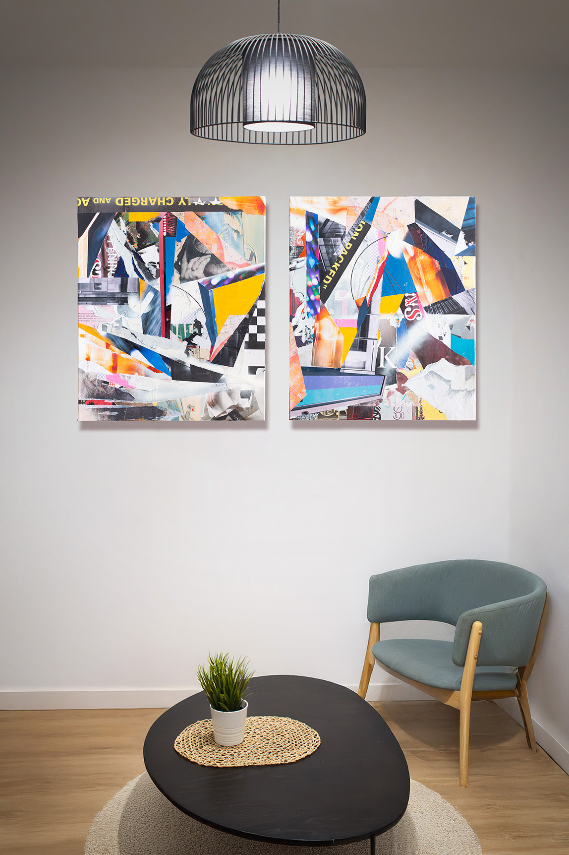 Pair of collage paintings in a contemporary interior