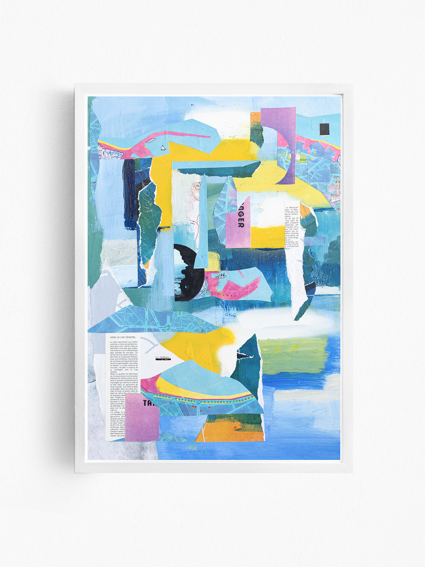 Abstract collage with map fragments and French text
